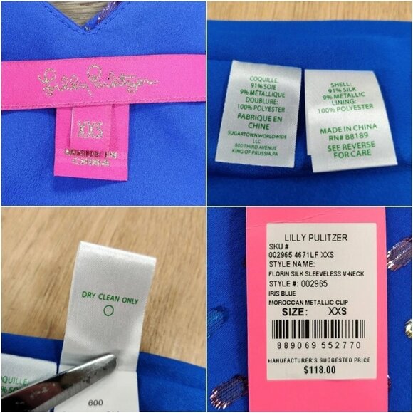 $118 NEW LILLY PULITZER Florin Sleeveless Silk Top Iris Blue Dotted Metallic XXS - Picture 6 of 6